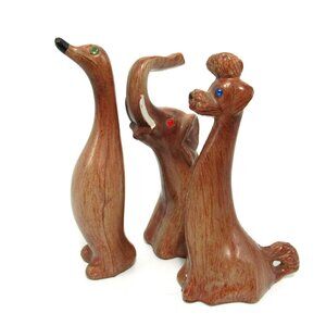VTG Elephant Poodle Penguin Faux Wood Jewel Eyes Long Neck Animals Nadel & Sons